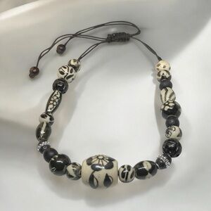 Vintage Chunky Black & Cream Glazed Pottery Bead Adjustable Cord Necklace